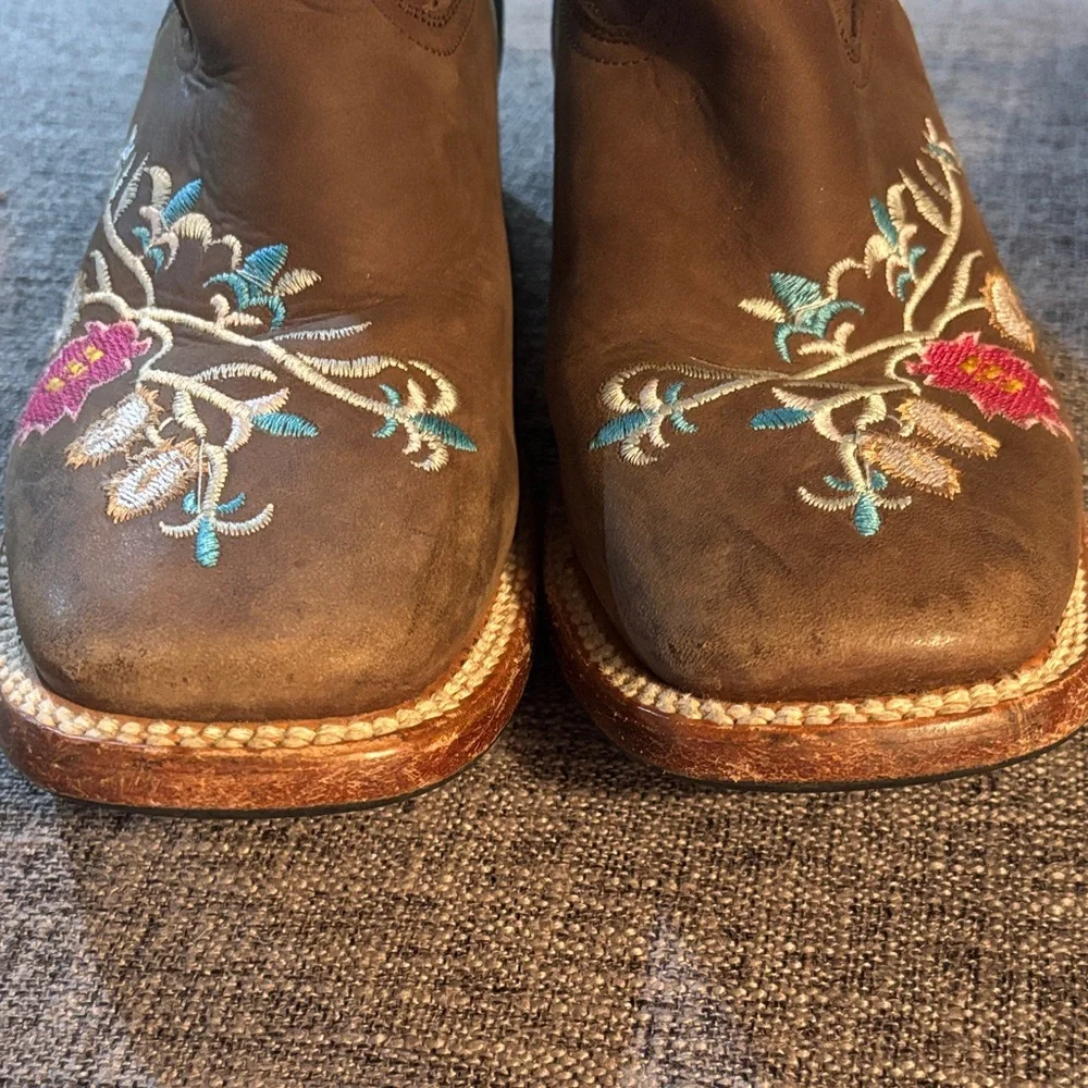 Red Kids Brown Embroidered Western Boots